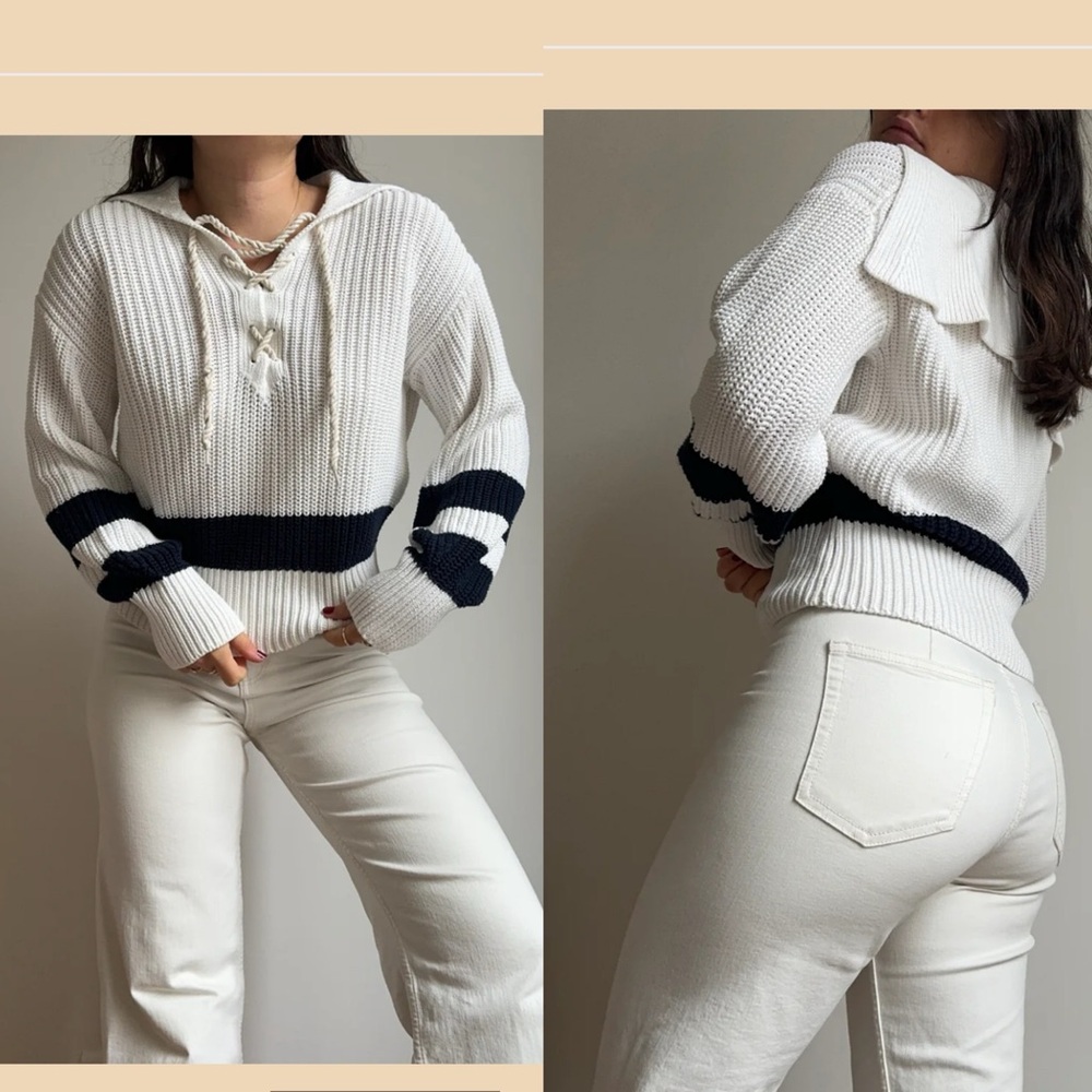 Polo Ralph Lauren Chunky Knit Sweater Nautical Sailor Coastal Cream Blue XXL NEW